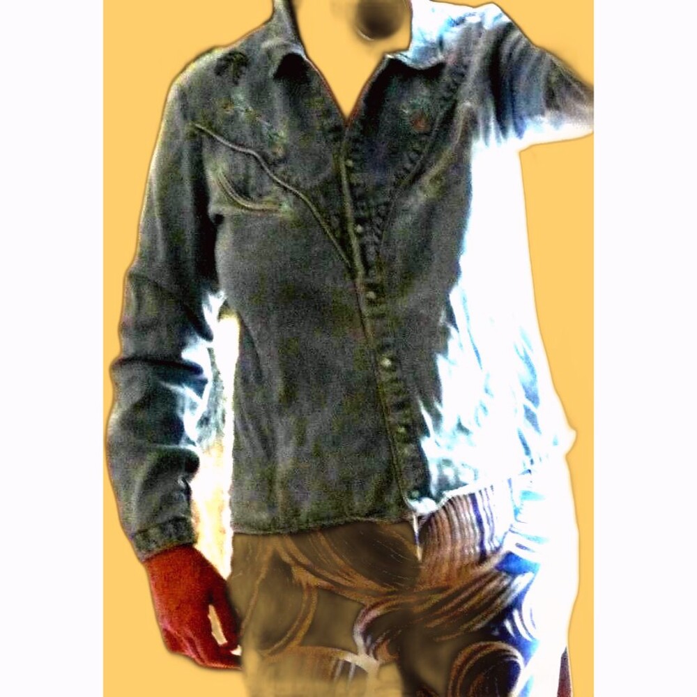 Vintage Embroidered Cowgirl Jean Fitted Shirt Pearl Snap Back in the Saddle M